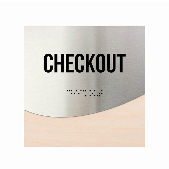 Табличка "Касса" со шрифтом Брайля: Дерево и нержавеющая сталь — "Jure" Дизайн Табличка "Касса" со шрифтом Брайля: Дерево и нержавеющая сталь — "Jure" Дизайн