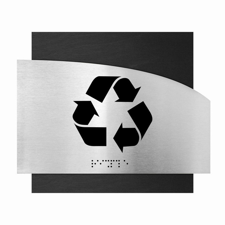 Табличка "Переработка отходов" со шрифтом Брайля: Нержавеющая сталь и дерево — "Wave" Дизайн Табличка "Переработка отходов" со шрифтом Брайля: Нержавеющая сталь и дерево — "Wave" Дизайн