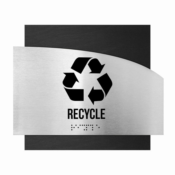 Табличка "Переработка отходов" со шрифтом Брайля: Дерево и нержавеющая сталь — "Wave" Дизайн Табличка "Переработка отходов" со шрифтом Брайля: Дерево и нержавеющая сталь — "Wave" Дизайн
