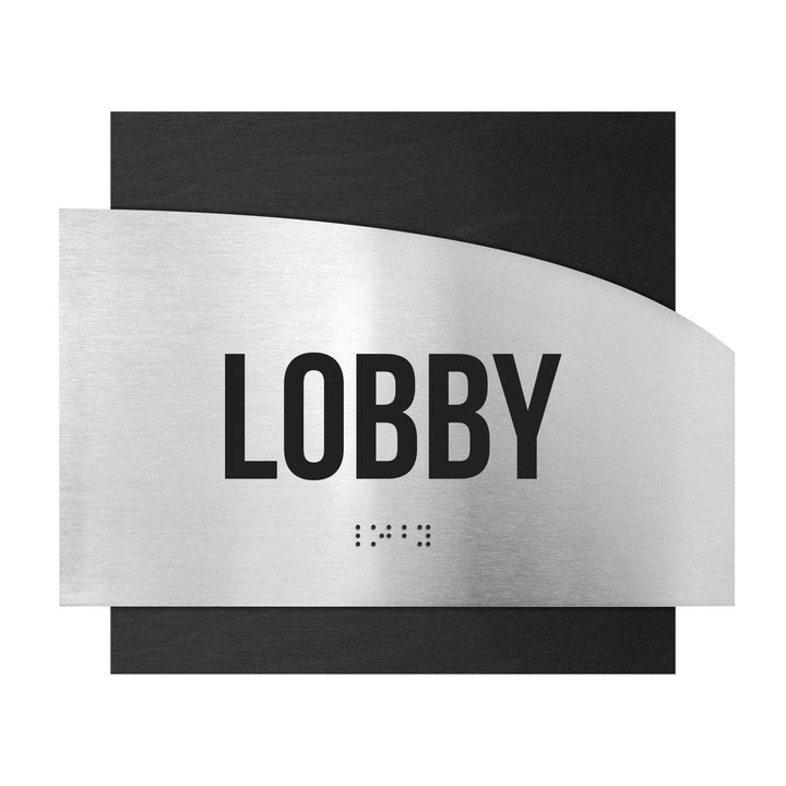 Табличка "Лобі" зі шрифтом Брайля: Дерево та нержавіюча сталь — "Wave" Дизайн Табличка "Лобі" зі шрифтом Брайля: Дерево та нержавіюча сталь — "Wave" Дизайн