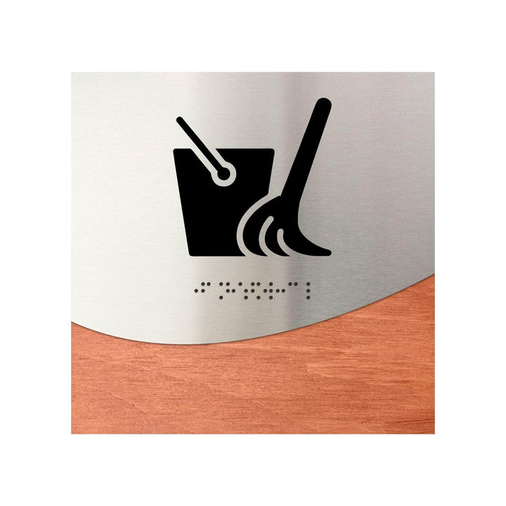 Табличка «Прибиральний інвентар» зі шрифтом Брайля: Дерево та нержавіюча сталь — «Jure» дизайн Табличка «Прибиральний інвентар» зі шрифтом Брайля: Дерево та нержавіюча сталь — «Jure» дизайн