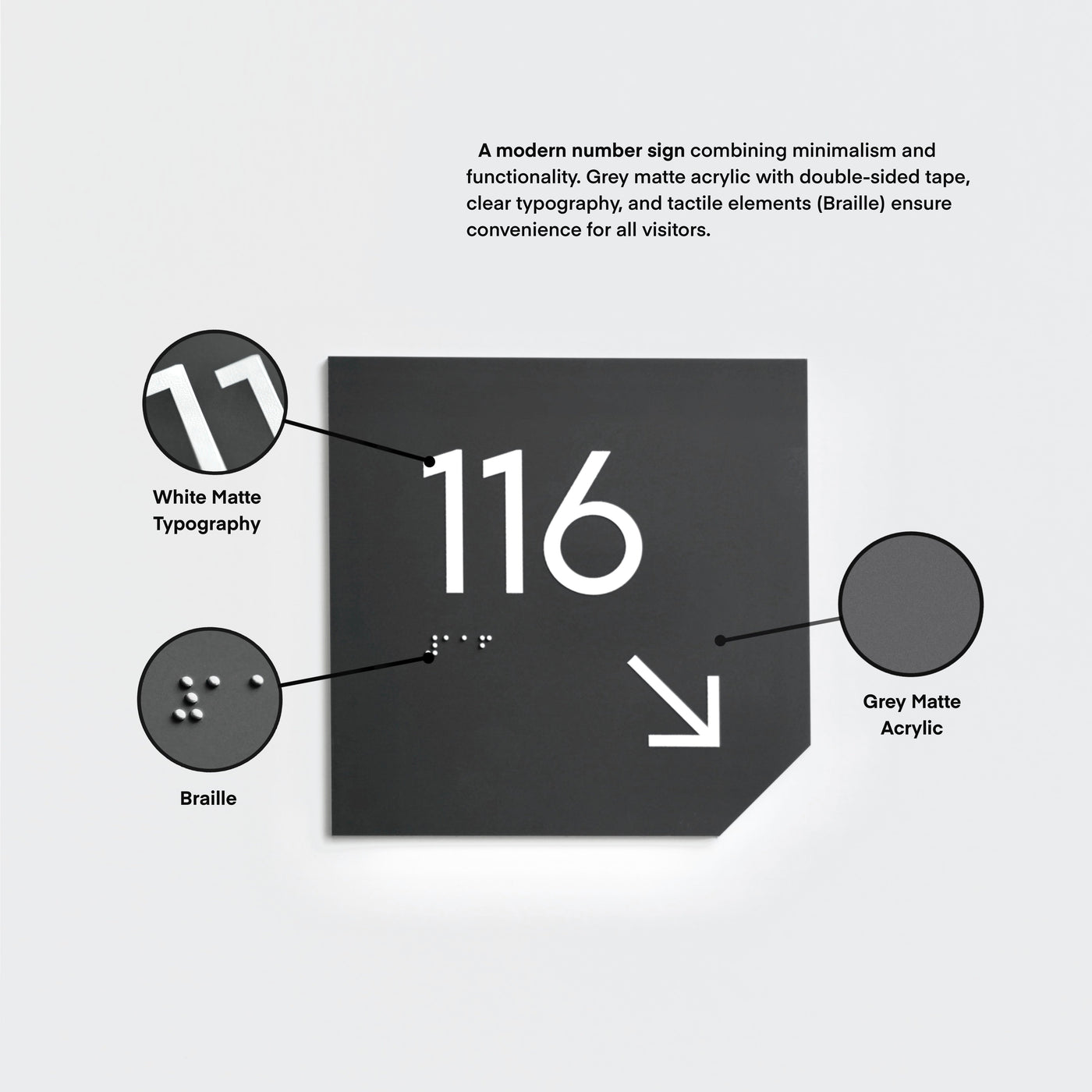 Табличка с номером помещения со шрифтом Брайля: Матовый серый акрил — "Clear" Дизайн