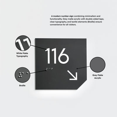Табличка с номером помещения со шрифтом Брайля: Матовый серый акрил — "Clear" Дизайн