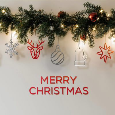 A festive Christmas scene with a garland of greenery, ornaments, and lights. The text "MERRY CHRISTMAS" is displayed in the center of the image.