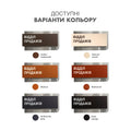 six different colored paint swatches, each with a label indicating the color and the type of wood it is made from. The swatches are arranged in a grid format, with two rows and three columns. - Photo #5