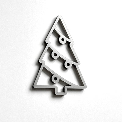A simple, minimalist Christmas tree-shaped object made of a material that resembles a wire or metal.