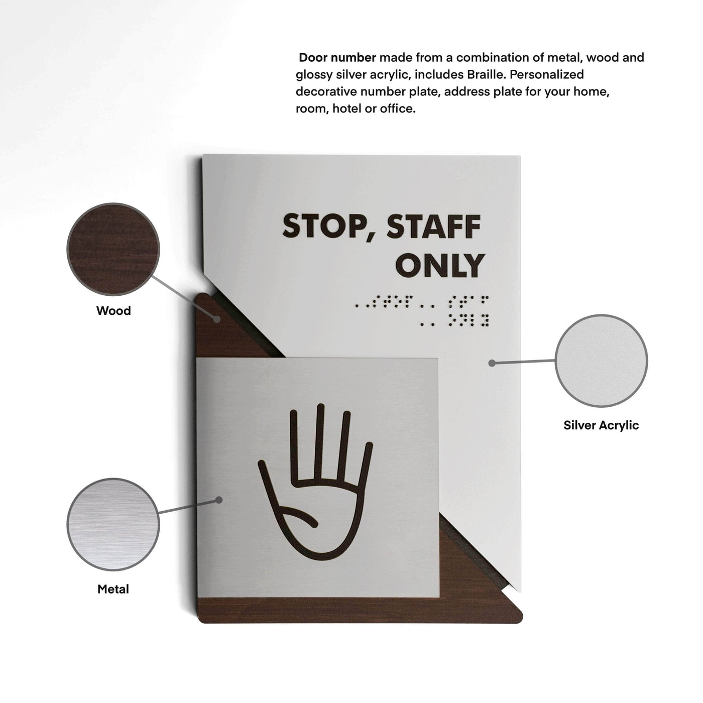 Information signs Meeting Room Sign: Wood & Stainless Steel Plate — "Creative" Design