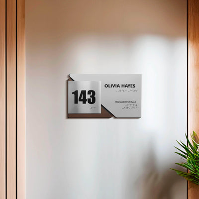 Door Numbers Office Number Sign with Custom Text: Wood & Stainless Steel Plate — "Creative" Design