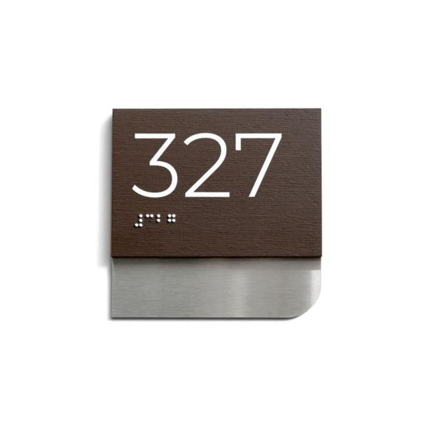 a brown square sign with the number 327 displayed on it.