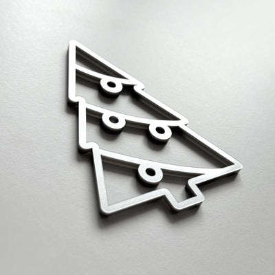 A stylized Christmas tree made of metal or plastic, with a simple and minimalist design.