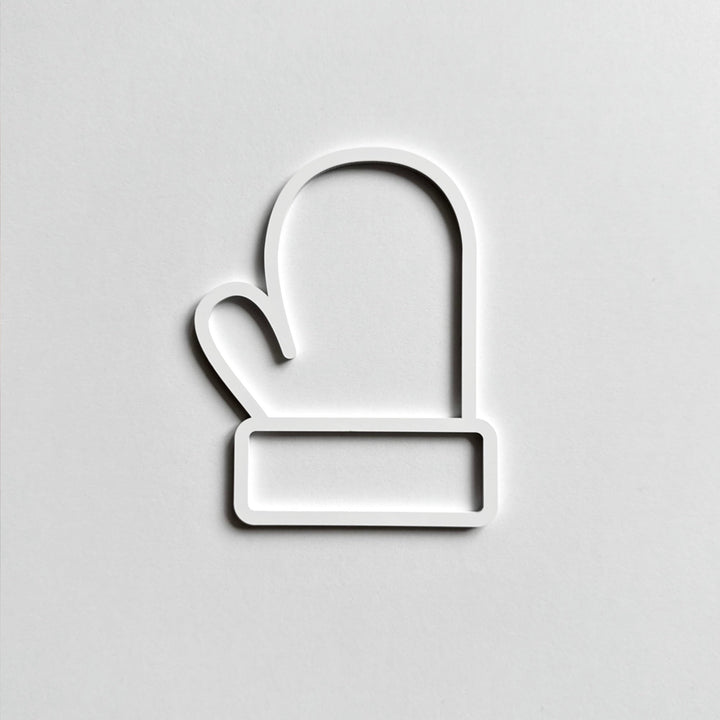 A simple white glove icon is displayed against a plain white background.
