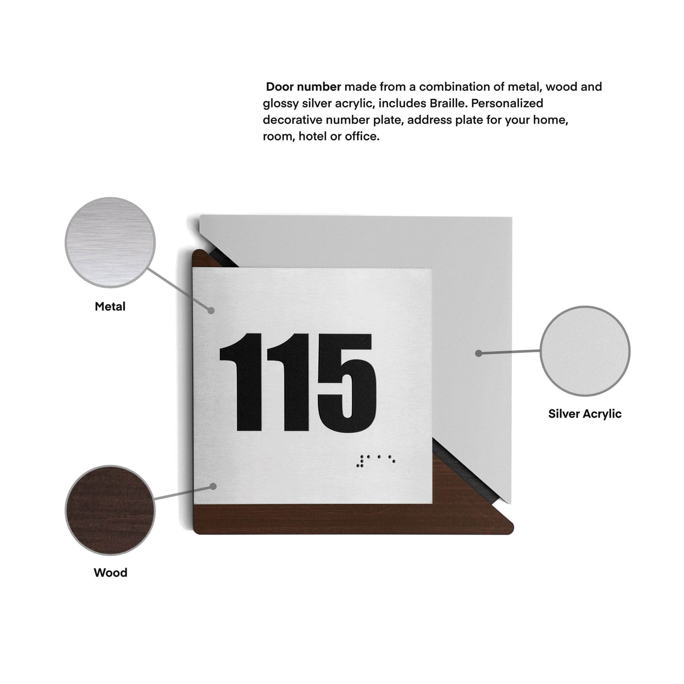 Door Numbers Door Number Sign: Wood & Stainless Steel Plate — "Creative" Design