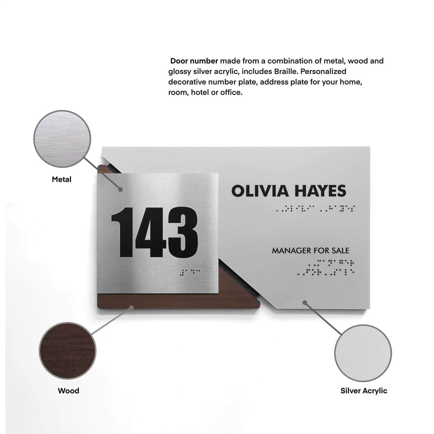 Door Numbers Office Number Sign with Custom Text: Wood & Stainless Steel Plate — "Creative" Design