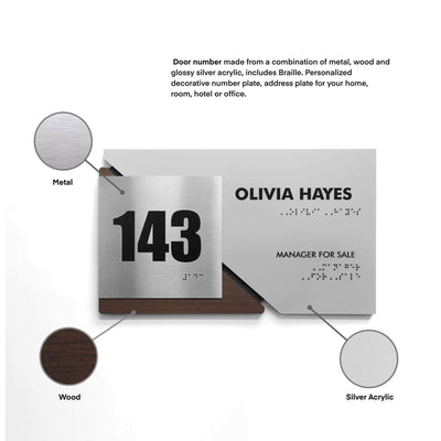 Door Numbers Office Number Sign with Custom Text: Wood & Stainless Steel Plate — "Creative" Design