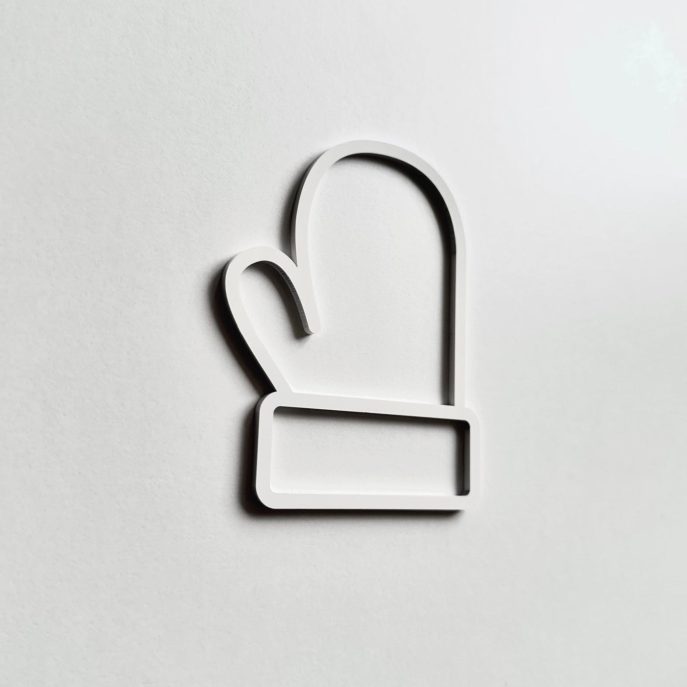 A simple white glove icon is displayed against a plain white background.