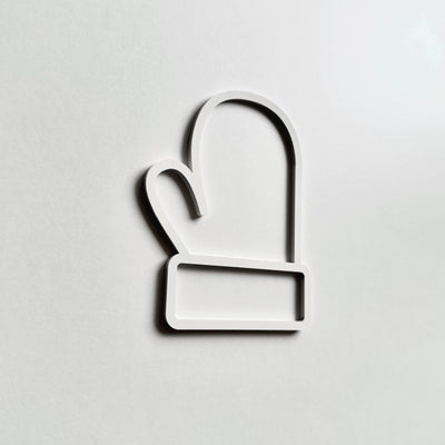 A simple white glove icon is displayed against a plain white background.