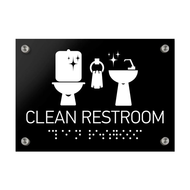 Табличка "Туалет" (Clean Restroomт) зі шрифтом Брайля — Чорний акрил