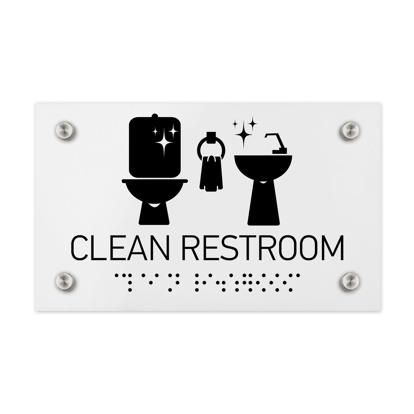 Information Signs - Clean Restroom Sign Braille - White Acrylic