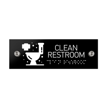 Information Signs - Clean Restroom Sign With Braille - Black Acrylic - Photo #1