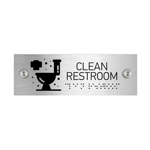 Табличка "Туалет" (Clean Restroom) — Нержавіюча сталь і чорний акрил (300x100 мм)