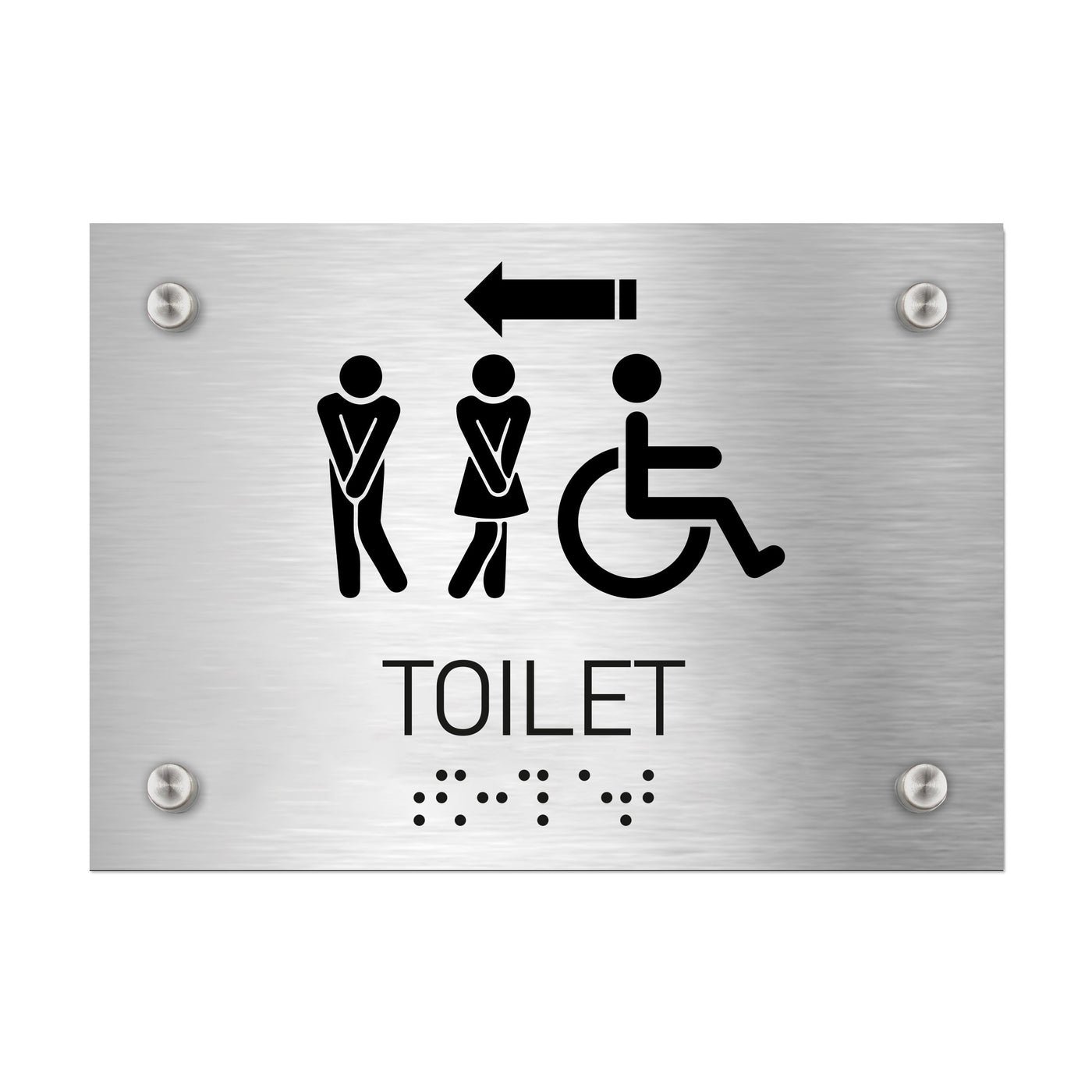 Bathroom Signs - All Gender With Weelchair Toilet Directional Sign - Stainless Steel