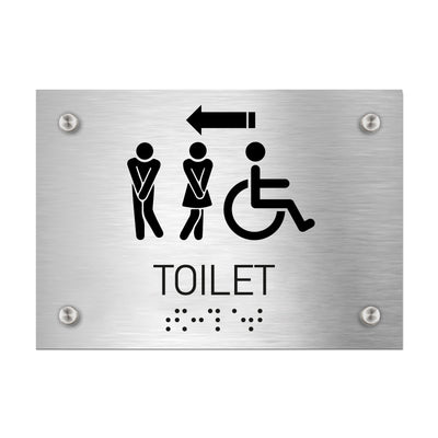 Bathroom Signs - All Gender With Weelchair Toilet Directional Sign - Stainless Steel