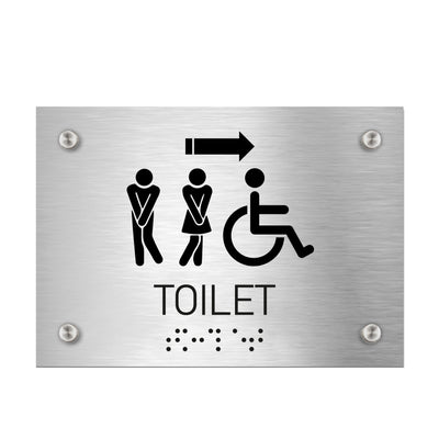 Bathroom Signs - All Gender With Weelchair Toilet Directional Sign - Stainless Steel