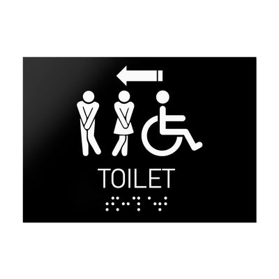 Bathroom Signs - All Gender With Weelchair Directional Restroom Sign - Black Acrylic