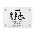 Bathroom Signs - All Gender With Weelchair Directional Restroom Sign - Milk Acrylic - Photo #1