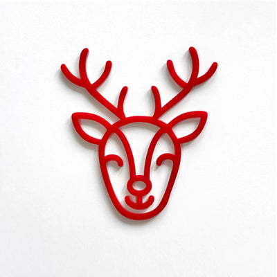 A red stylized deer head with antlers is displayed against a white background.