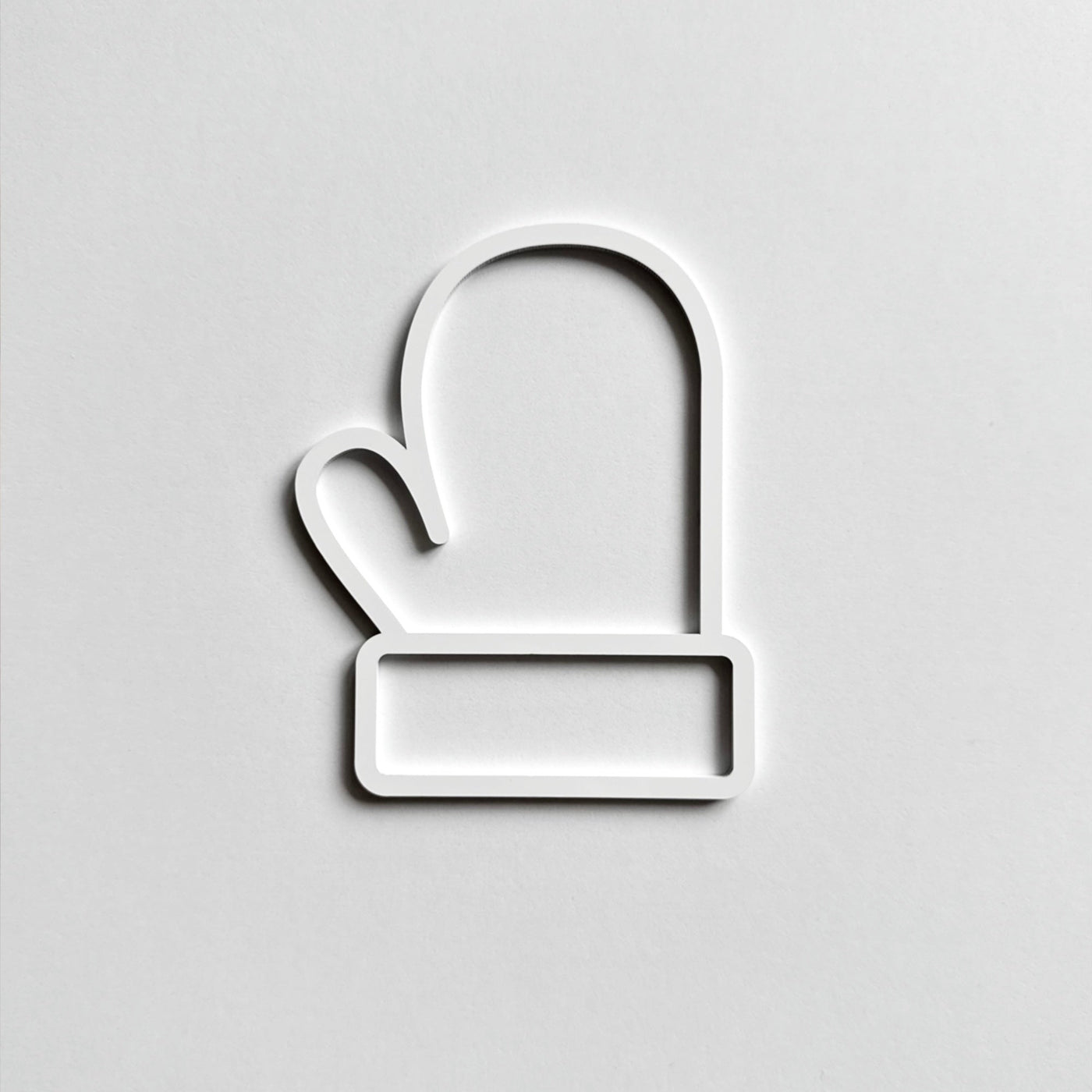 A simple white glove icon is displayed against a plain white background.