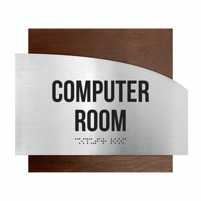 Computer Room Custom Door Signs - Stainless Steel & Wood - "Wave" Design