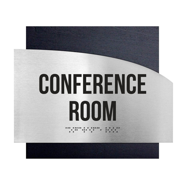 Door Signs - Conference Room Signs - Stainless Steel & Wood Plate - "Wave" Design