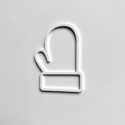 A simple white glove icon is displayed against a plain white background.