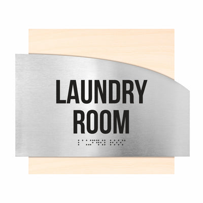 Laundry Room Custom Door Signs - Stainless Steel & Wood - "Wave" Design