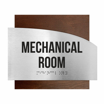 Door Signs - Mechanical Room Signs - Stainless Steel & Wood Plate - "Wave" Design