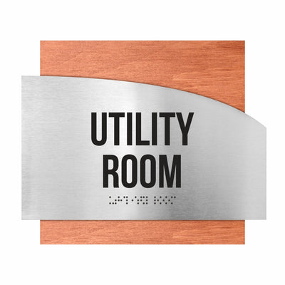 Door Signs - Utility Room Signs - Stainless Steel & Wood Plate - "Wave" Design