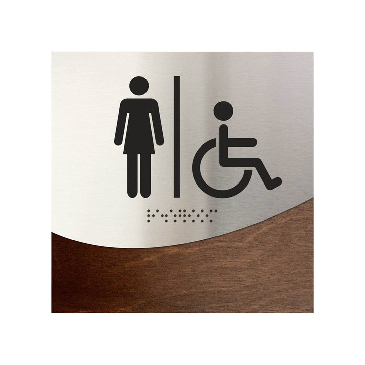 Табличка "Женский туалет" с доступом для людей с инвалидностью: Дерево и нержавеющая сталь — «Jure» дизайн